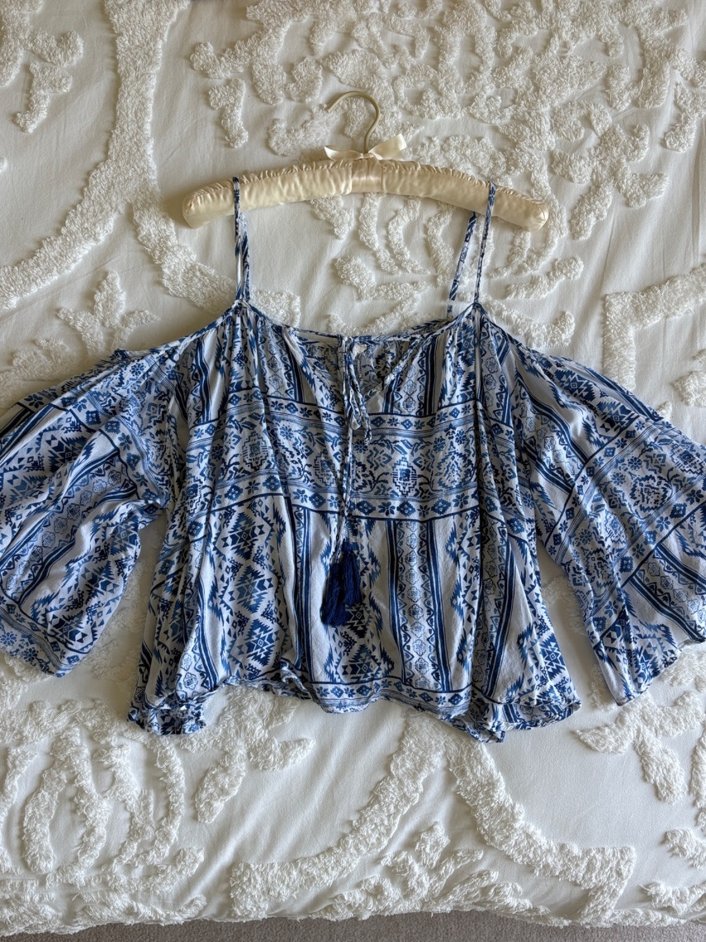Surf Gypsy Blue and White Off-Shoulder Boho Blouse with Tassel